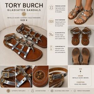 Tory Burch Metallic Silver Leather Gladiator Sandals Gold Hardware Womens Size 8